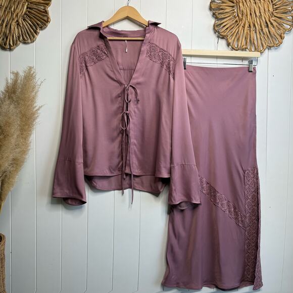 Free People skirt set co-ord top and midi skirt satin matching set boho Small - Picture 4 of 13